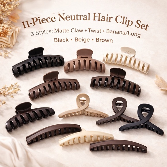 None Accessories - 11pc Neutral Matte Claw Clip Bundle – Black Beige Brown Hair Clips Set